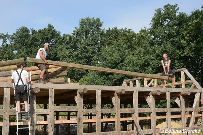 Zimmerer richten eine Balkenlage über dem Erdgeschoss aus